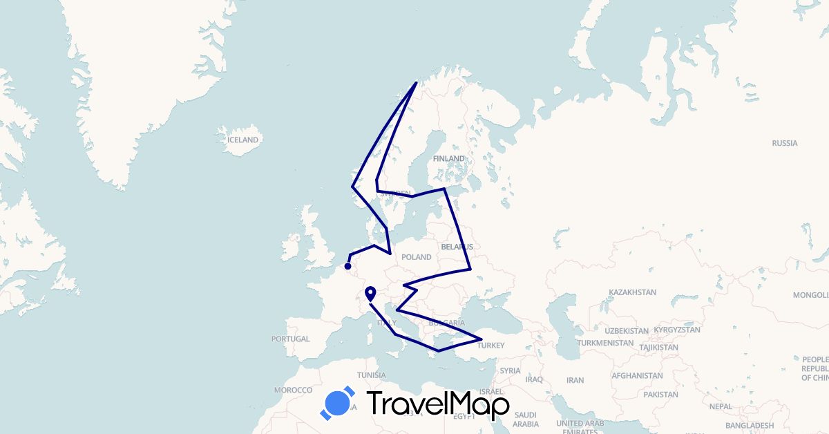 TravelMap itinerary: driving in Austria, Belgium, Germany, Denmark, Finland, Greece, Croatia, Hungary, Italy, Netherlands, Norway, Sweden, Turkey, Ukraine (Asia, Europe)